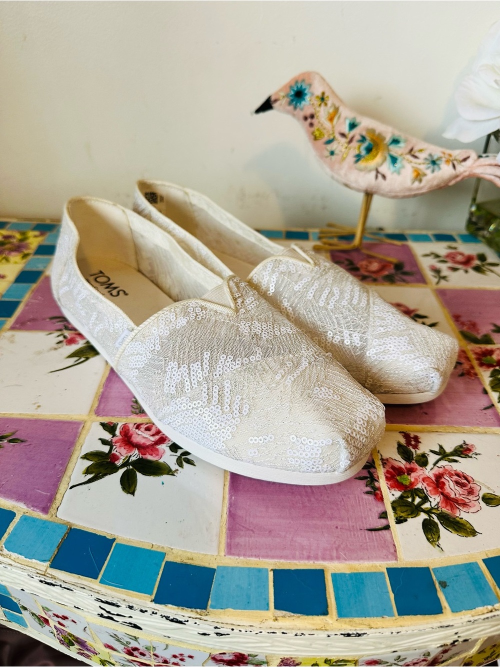 Toms Ivory Sequin Classic Slip-On Flats